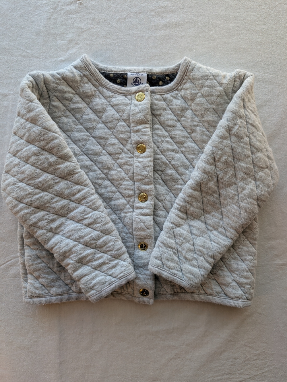 Petit Bateau Light Gray Quilted Button-Front Cardigan Size 4